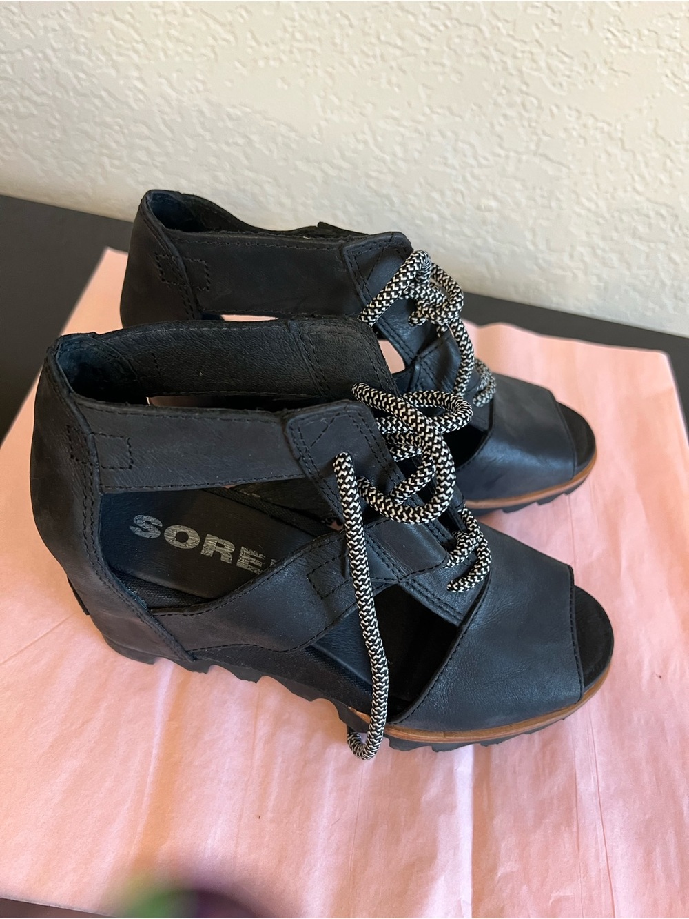 Sorel Black Open-Toe Lace-Up Wedge Heels with Braided Contrast Laces